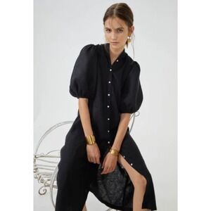 Lanhtropy Bubble Dress Black Linen Puff Sleeves Mao Neck Sz XS